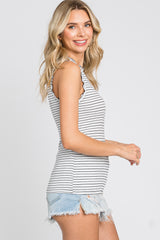 White Striped Ruffle Trim Sleeveless Top