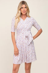 Ivory Floral Wrap Front V-Neck Short Sleeve Dress