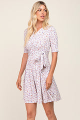 Ivory Floral Wrap Front V-Neck Short Sleeve Dress