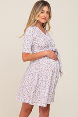 Ivory Floral Wrap Front V-Neck Short Sleeve Maternity Dress