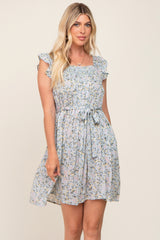 Light Blue Floral Flutter Sleeve Waist Tie Maternity Dress