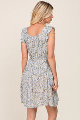 Light Blue Floral Flutter Sleeve Waist Tie Dress