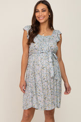 Light Blue Floral Flutter Sleeve Waist Tie Maternity Dress