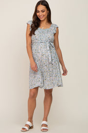 Light Blue Floral Flutter Sleeve Waist Tie Maternity Dress