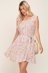 Cream Floral Flutter Sleeve Waist Tie Dress