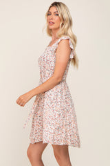 Cream Floral Flutter Sleeve Waist Tie Dress