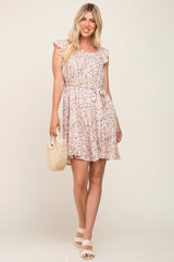 Cream Floral Flutter Sleeve Waist Tie Dress