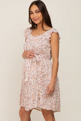 Cream Floral Flutter Sleeve Waist Tie Maternity Dress