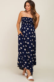 Navy Daisy Smocked Strapless Maternity Midi Dress