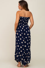 Navy Daisy Smocked Strapless Maternity Midi Dress