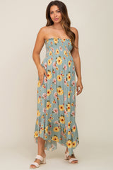 Light Olive Floral Smocked Strapless Maternity Midi Dress