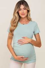 Light Olive Side Ruched Short Sleeve Maternity Top