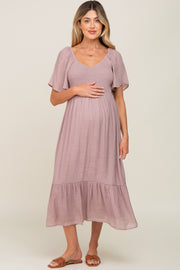 Mauve Smocked Ruffle Hem Maternity Maxi Dress