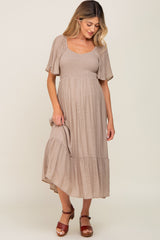 Mocha Smocked Ruffle Hem Maternity Maxi Dress