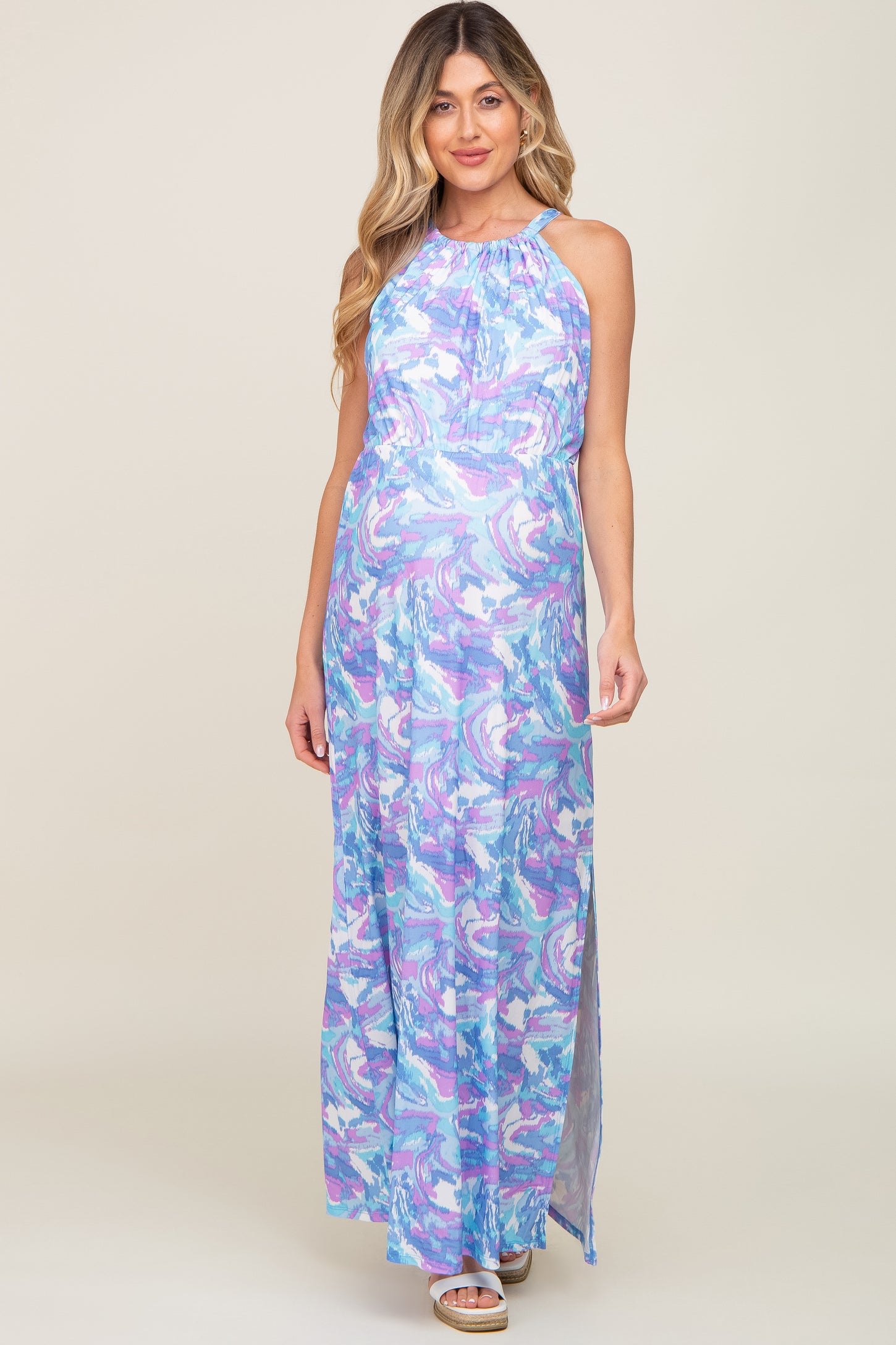 Pink Floral Square Neck Ruffle Layered Maternity Maxi Dress