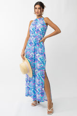 Blue Floral Halter Side Slit Maternity Maxi Dress