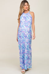 Blue Floral Halter Side Slit Maternity Maxi Dress