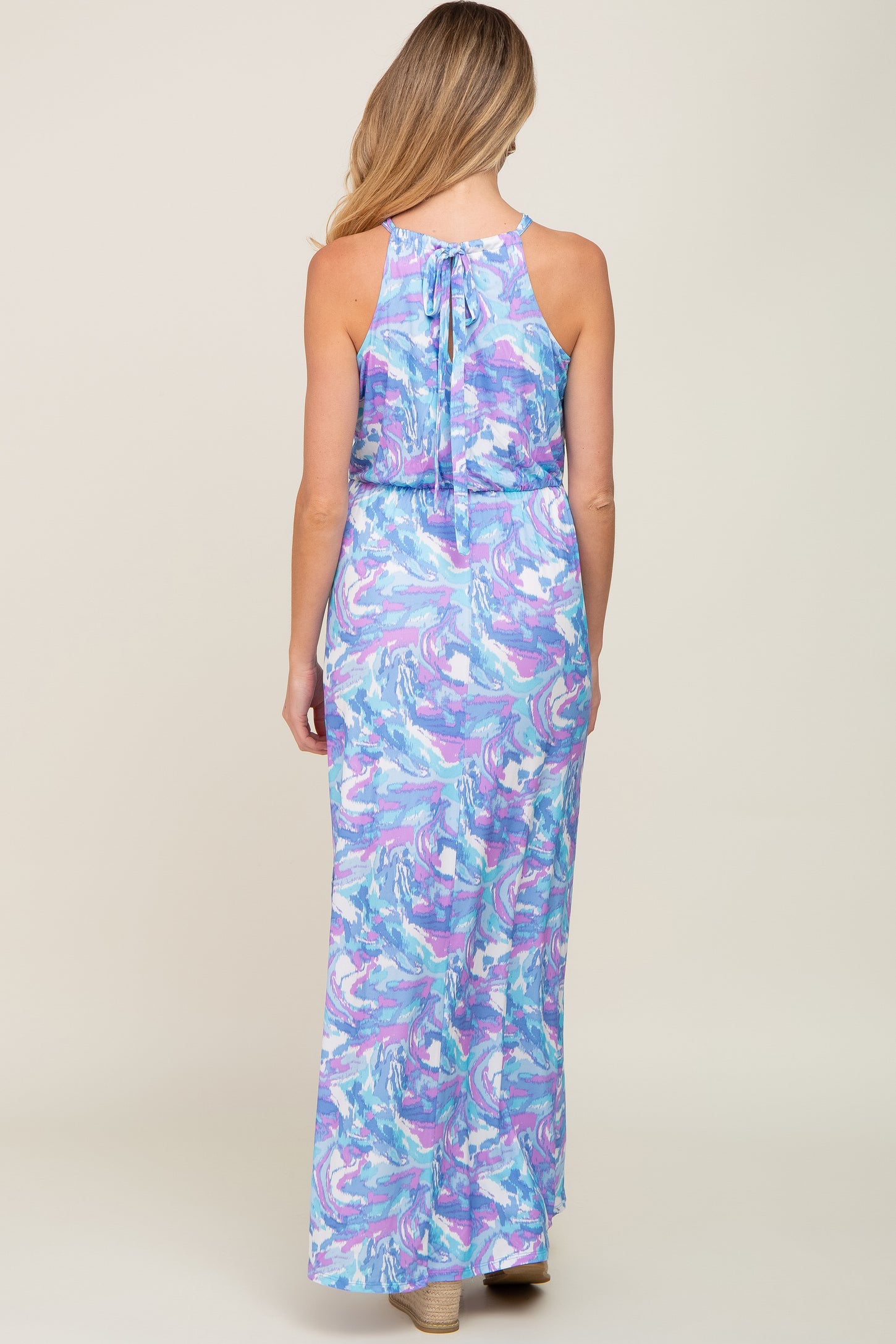 Blue Floral Halter Side Slit Maternity Maxi Dress– PinkBlush