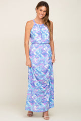 Blue Floral Halter Side Slit Maxi Dress