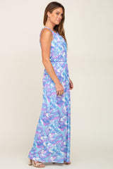 Blue Floral Halter Side Slit Maxi Dress