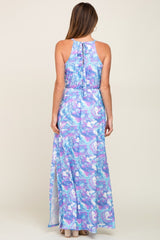 Blue Floral Halter Side Slit Maxi Dress