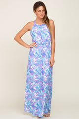 Blue Floral Halter Side Slit Maxi Dress