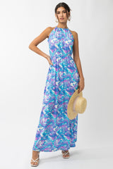 Blue Floral Halter Side Slit Maxi Dress