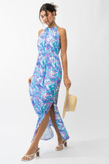 Blue Floral Halter Side Slit Maxi Dress