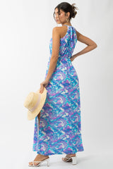 Blue Floral Halter Side Slit Maxi Dress