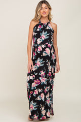 Black Floral Halter Side Slit Maternity Maxi Dress