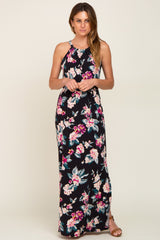 Black Floral Halter Side Slit Maxi Dress