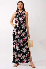 Black Floral Halter Side Slit Maternity Maxi Dress