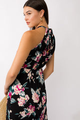 Black Floral Halter Side Slit Maxi Dress