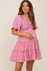 Pink Plaid Ruffle Tiered Maternity Dress