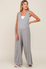 Heather Grey Deep V Sleeveless Wide Leg Maternity Jumpsuit