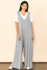 Heather Grey Deep V Sleeveless Wide Leg Jumpsuit