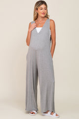 Heather Grey Deep V Sleeveless Wide Leg Maternity Jumpsuit