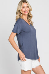 Blue V-Neck Basic Top