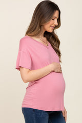 Pink V-Neck Basic Maternity Top