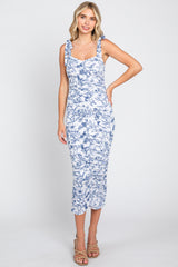 Blue Floral Shoulder Tie Ruched Maternity Midi Dress