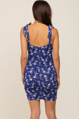 Navy Floral Shoulder Tie Ruched Maternity Dress