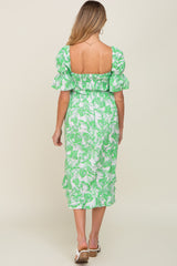 Green Leaf Print Cinched Puff Sleeve Maternity Midi Dress