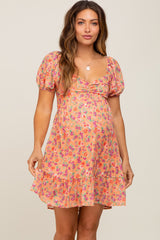 Orange Floral Sweetheart Ruched Front Short Sleeve Maternity Dress