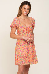 Orange Floral Sweetheart Ruched Front Short Sleeve Dress