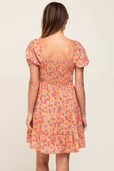 Orange Floral Sweetheart Ruched Front Short Sleeve Dress