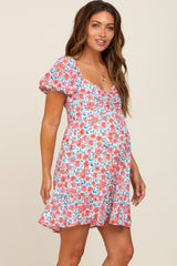 Ivory Floral Sweetheart Ruched Front Short Sleeve Maternity Dress