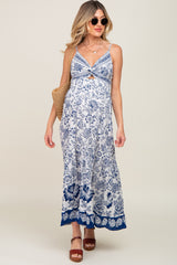 Navy Blue Floral Front Twist Maternity Maxi Dress