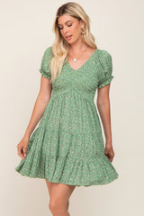 Green Floral Smocked V-Neck Short Sleeve Dress