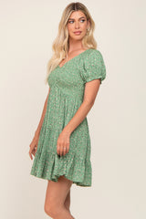 Green Floral Smocked V-Neck Short Sleeve Dress