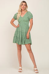 Green Floral Smocked V-Neck Short Sleeve Dress